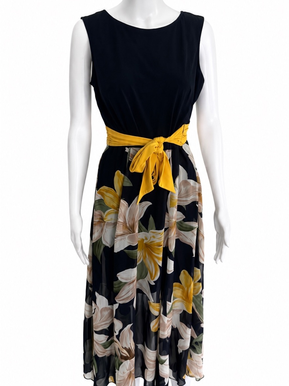 Enfocus Studio Black Floral Midi Dress with Yellow Tie Waist